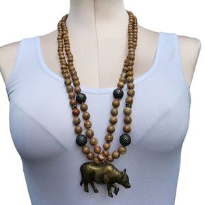 Vintage Stone Bead Necklace w/ Metal Bull  Handmade Metal Engraved Bead Accent